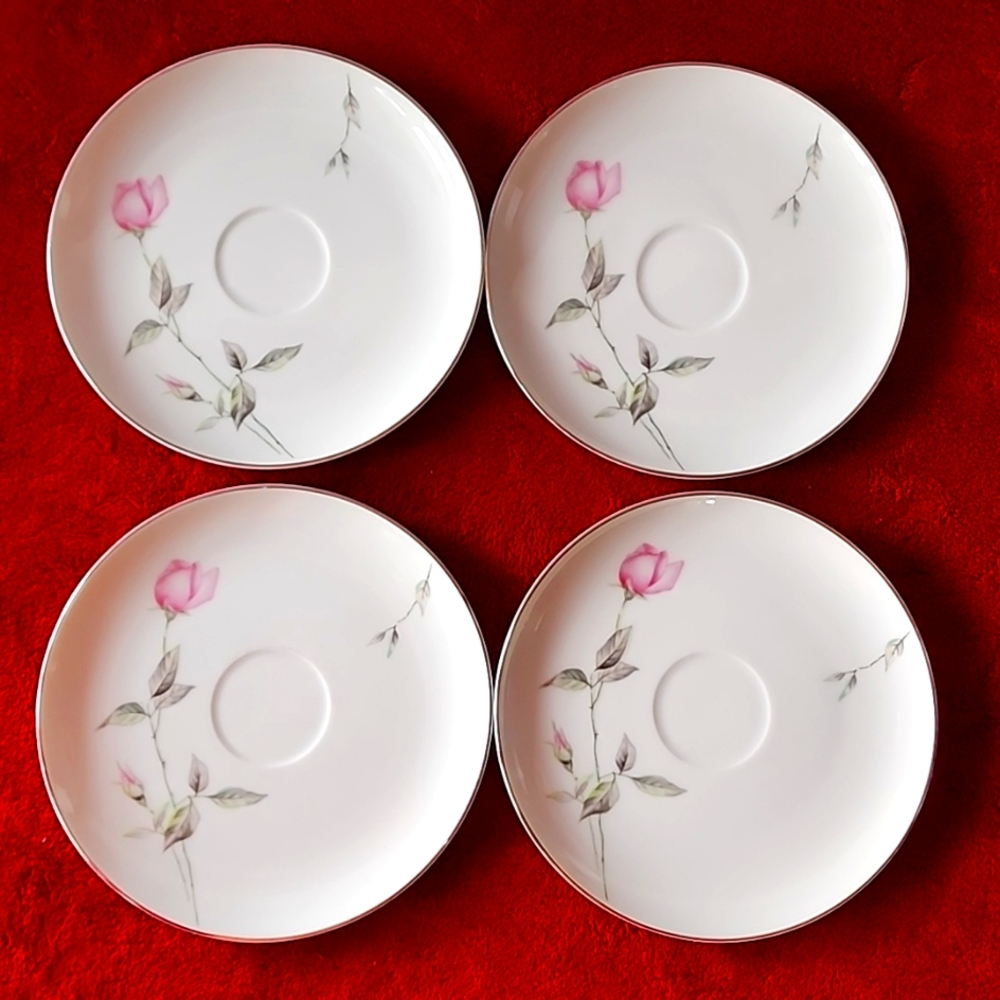 Set of 4 Style House Fine China Dawn Rose, Saucers. Made in Japan.